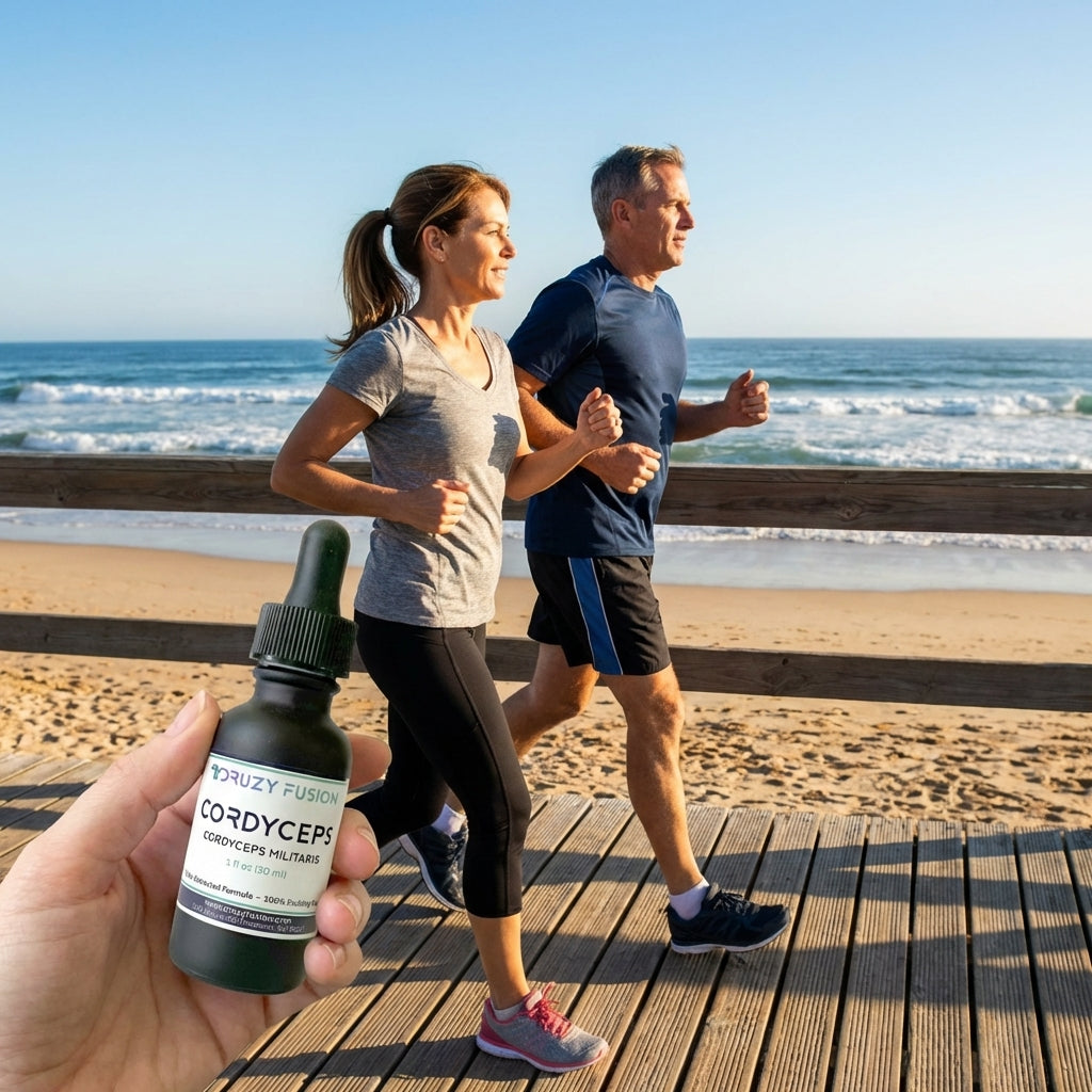 Person holding a bottle labeled 'Cordyceps' while two people run on a beach boardwalk.