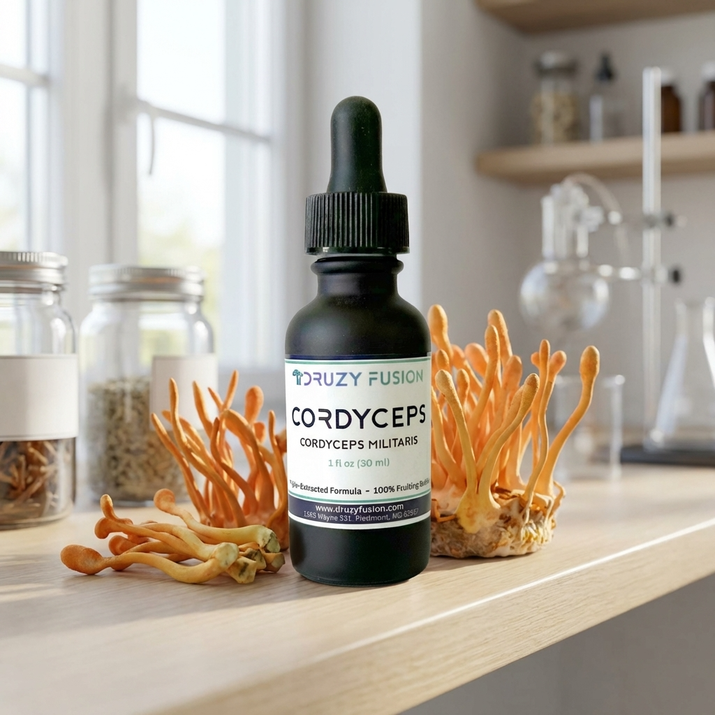Bottle of Cordyceps supplement on a wooden surface with dried cordyceps mushrooms.