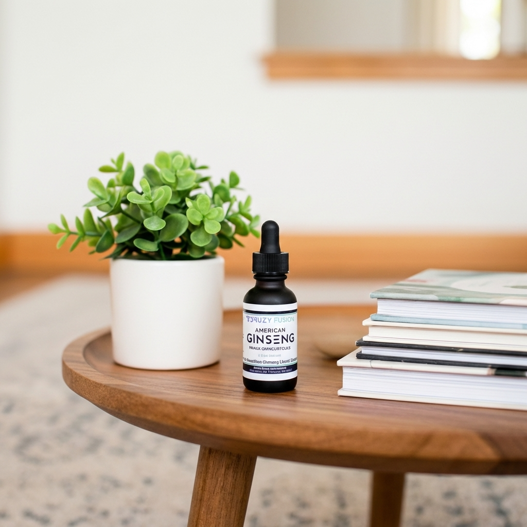 Bottle of American Ginseng on a wooden table with a plant and books in the background