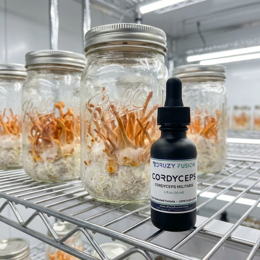 Bottle of Druzy Fusion Cordyceps supplement on a metal shelf with jars containing cordyceps.