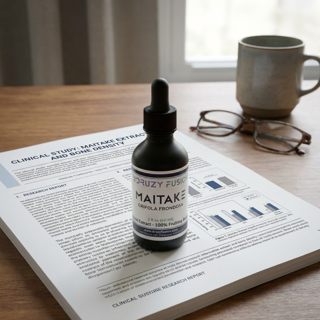 Maitake mushroom extract bottle on a research paper with a mug and glasses in the background