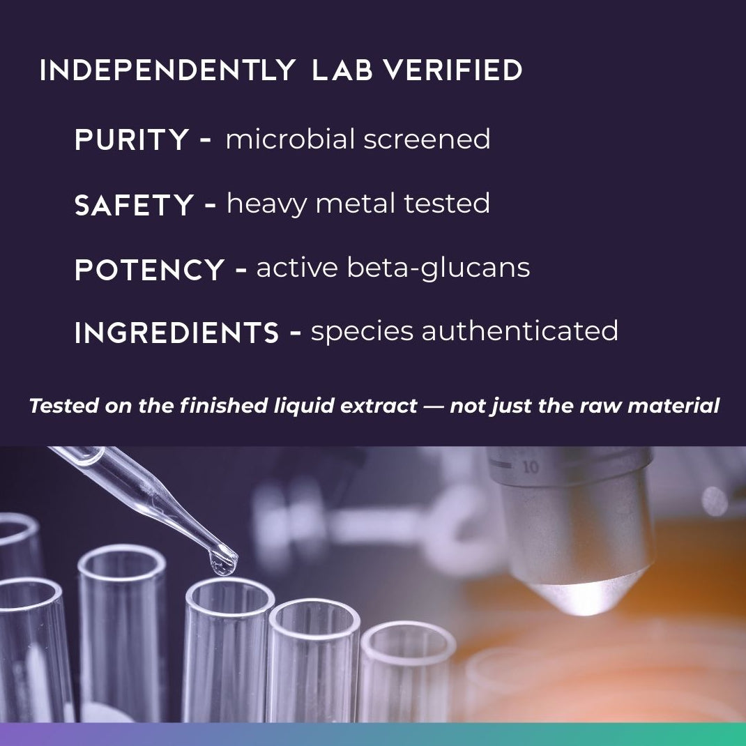 Third party lab tested functional mushroom liquid extract with published results for purity potency and species identity
