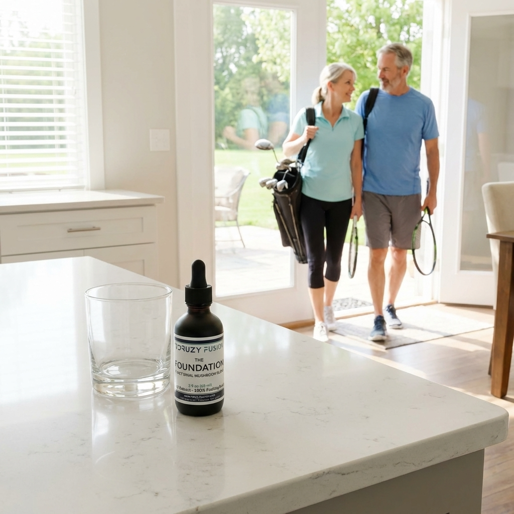 Bottle of 'The Foundation' on a kitchen counter with a couple walking outside in the background.
