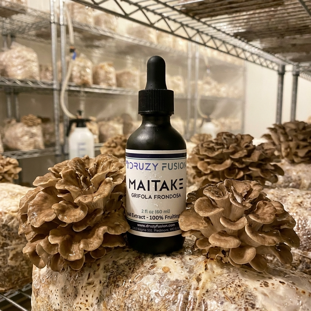 Dropper bottle labeled 'Drury Fusion Maitake' surrounded by maitake mushrooms in a storage setting.