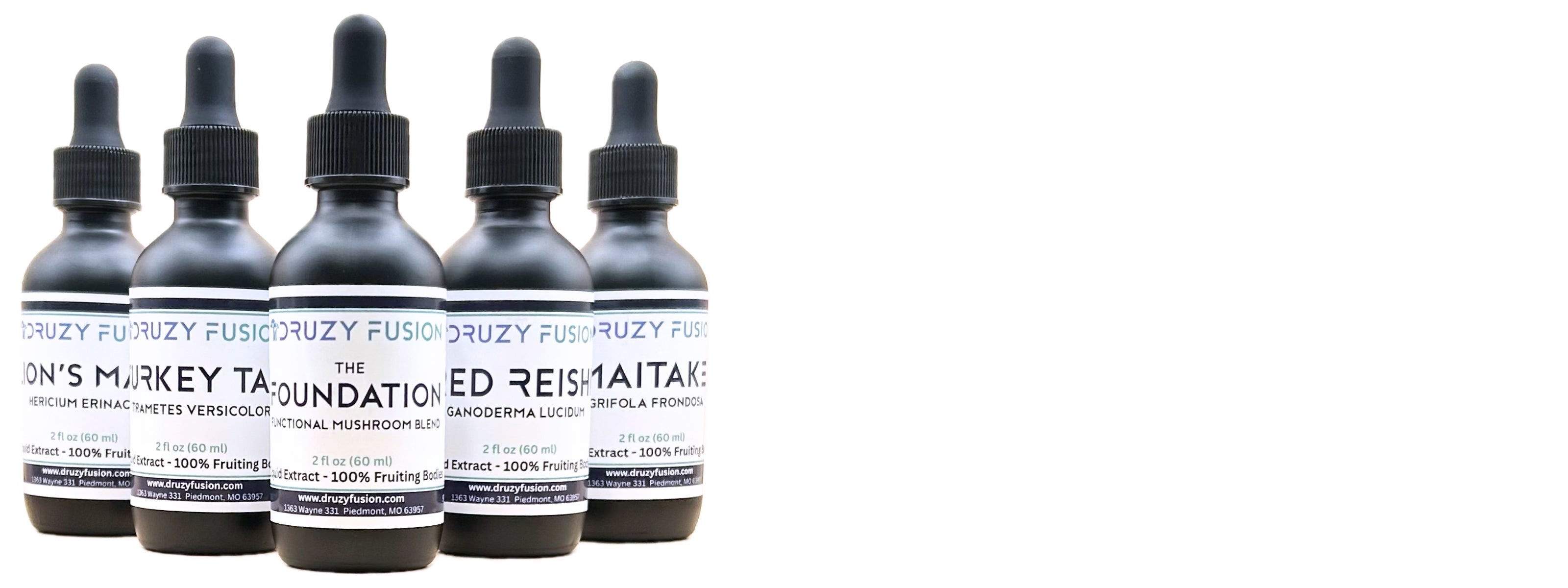 Full Spectrum 100% Fruiting Body Liquid Mushroom Supplements Collection by Druzy Fusion