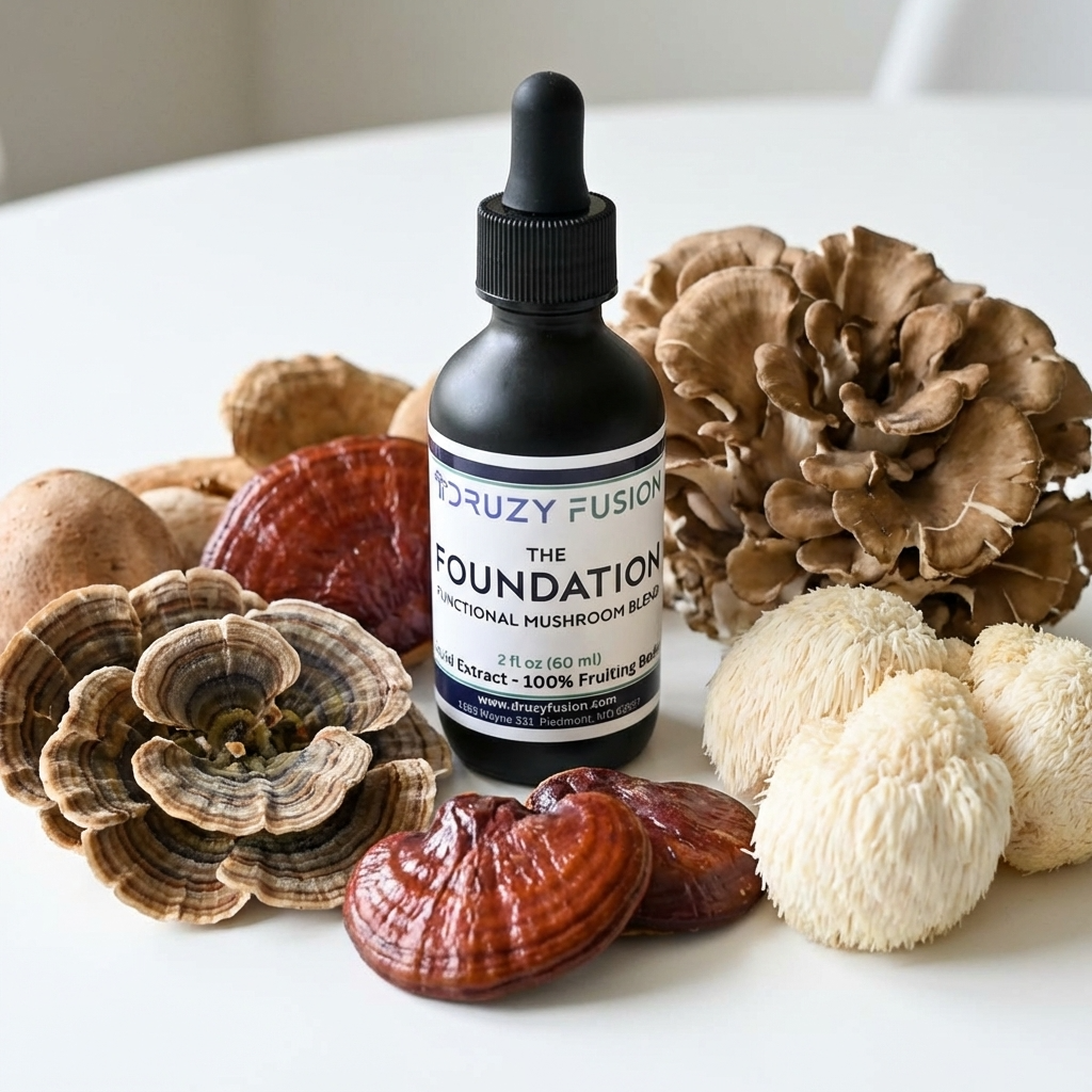 Bottle of 'The Foundation' functional mushroom blend surrounded by various mushrooms on a white surface.
