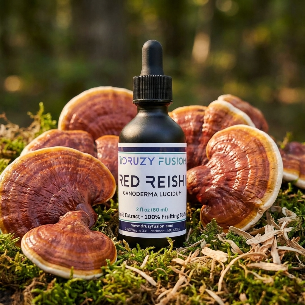 Bottle of Red Reishi GANODERMA LUCIDUM extract from Druzy Fusion on a background of mushrooms.