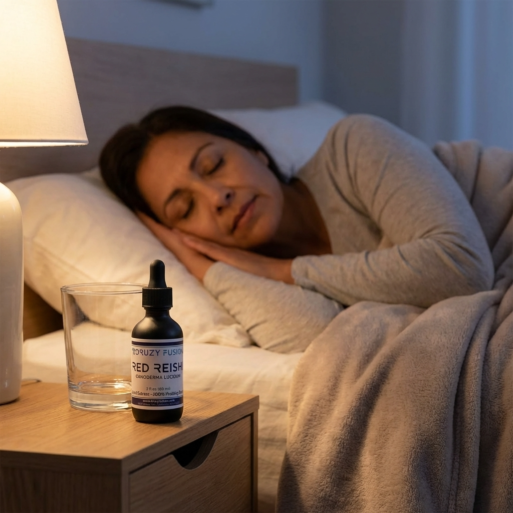 Woman sleeping in bed with a bottle of Red Reishi tincture on the nightstand.
