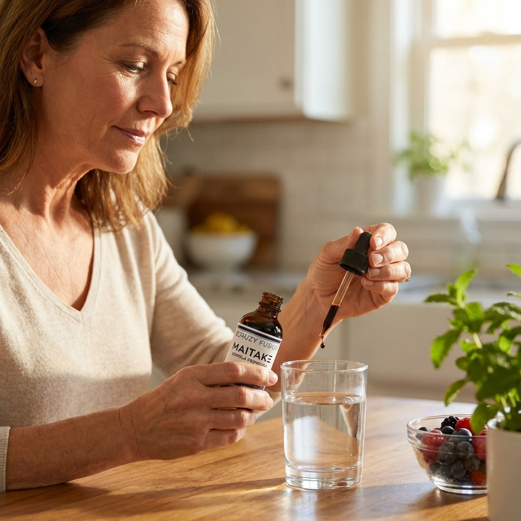 Woman in a kitchen pouring a supplement into a glass of water