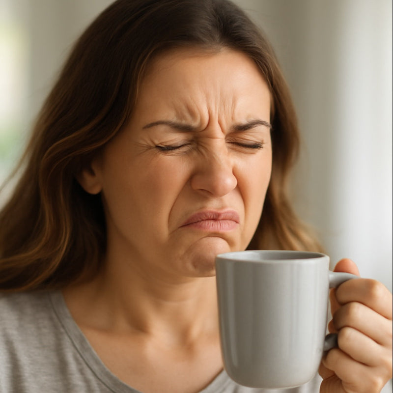 Woman making a yuck face at the flavor of her mushroom coffee