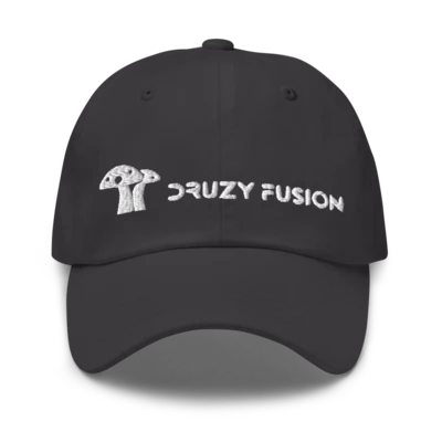 Druzy Fusion Dad Cap with white embroidered logo on charcoal gray hat