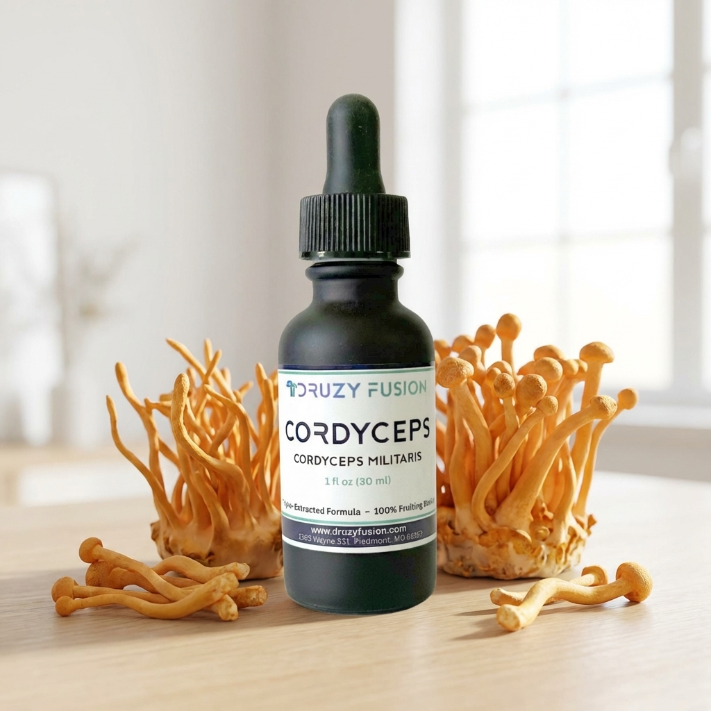 Bottle of Cordyceps supplement with dried cordyceps mushrooms on a wooden surface.