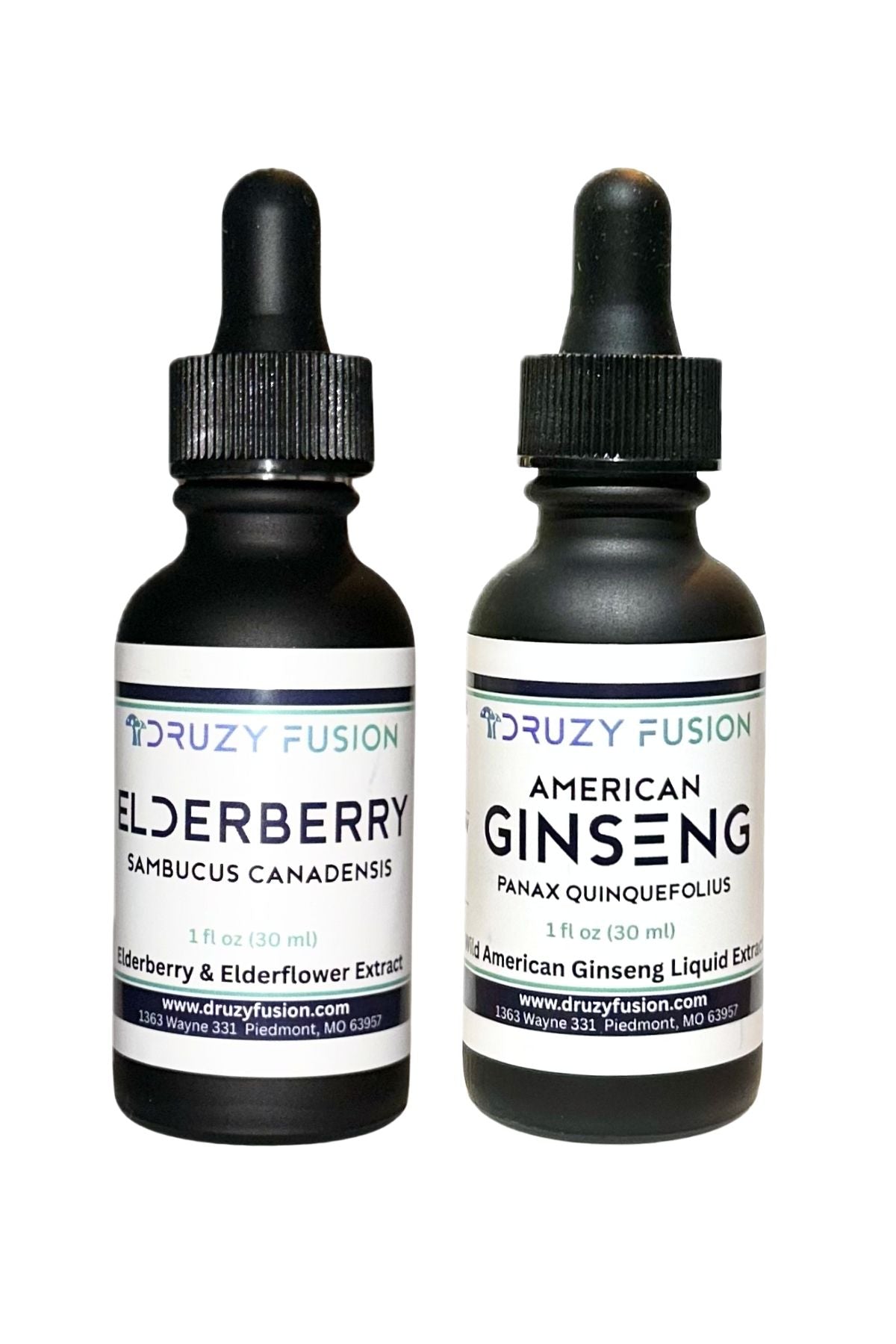 Two tincture bottles side by side featuring Druzy Fusion elderberry and american ginseng