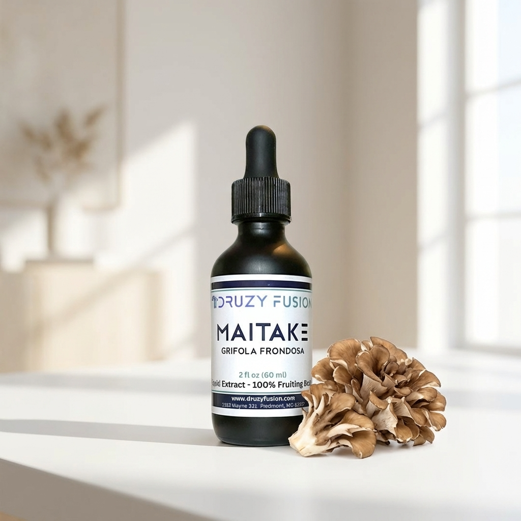 Bottle of Maitake mushroom extract from Druzy Fusion on a surface with a blurred background