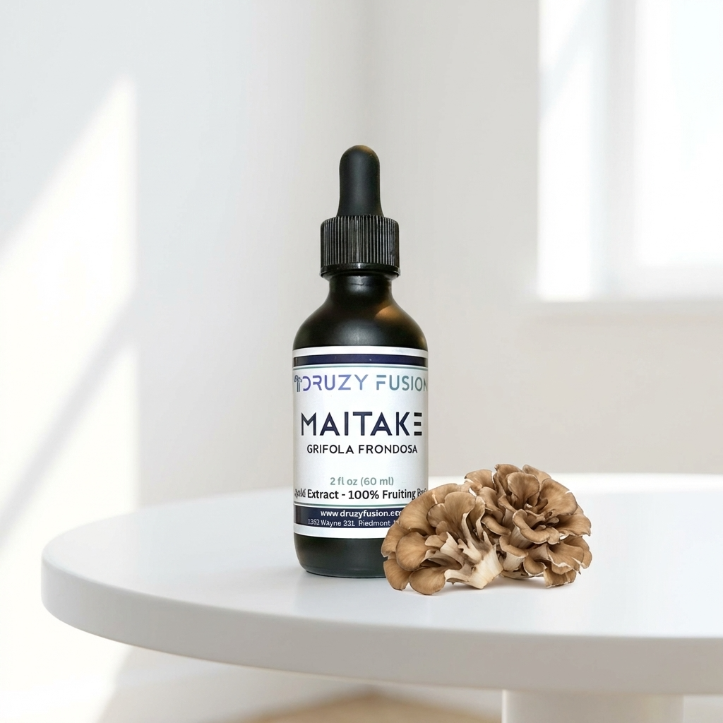 Bottle of Maitake mushroom extract on a white surface with a blurred background