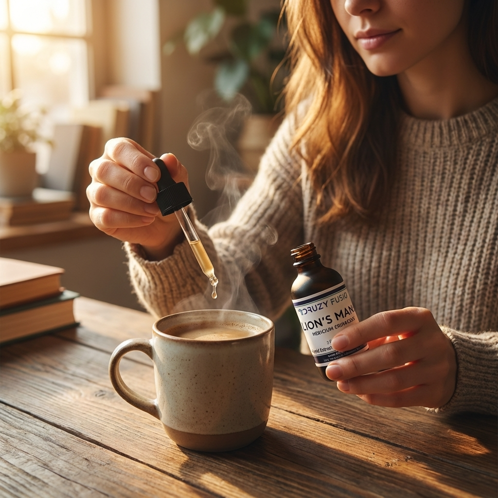 Person adding a drop of Lion's Mane mushroom extract from a dropper bottle into a cup of coffee on a wooden table.