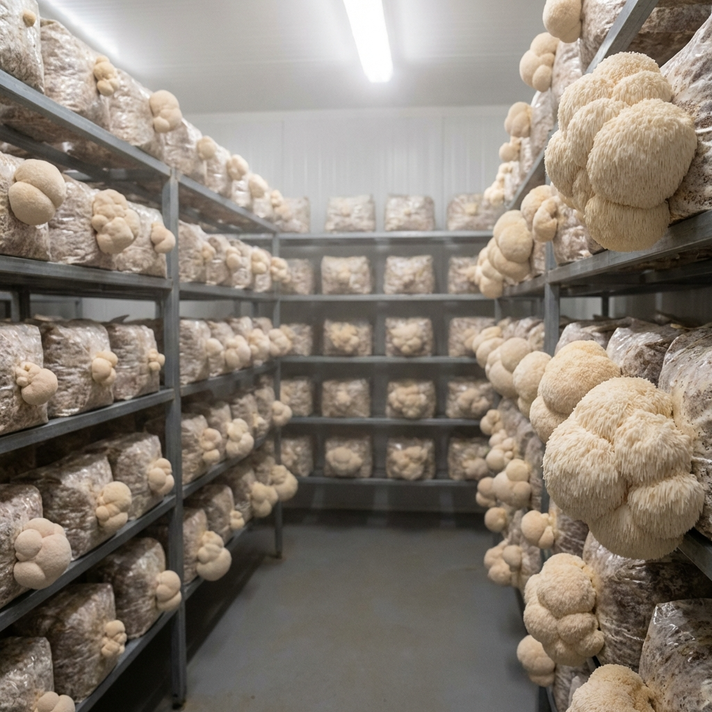 Room with shelves filled with large mushroom clusters in a controlled environment.