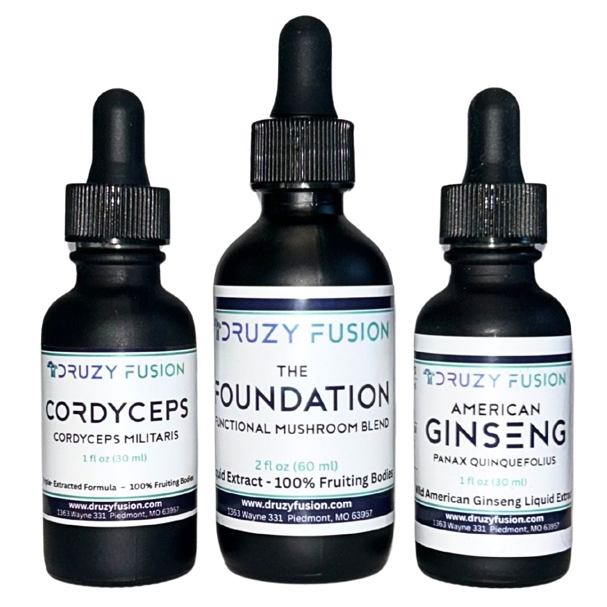 The Foundation, Cordyceps, and American ginseng liquid supplements on a white background
